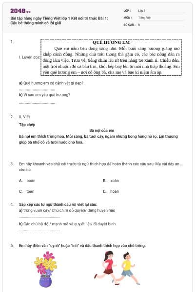 Bài tập hàng ngày Tiếng Việt lớp 1 Kết nối tri thức Bài 1: Cậu bé thông minh có lời giải