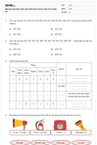 Bài tập cuối tuần Toán lớp 4 Kết nối tri thức Tuần 18 có đáp án