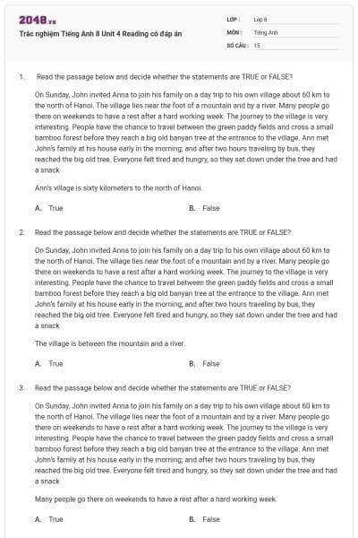 Trắc nghiệm Tiếng Anh 8 Unit 4 Reading có đáp án