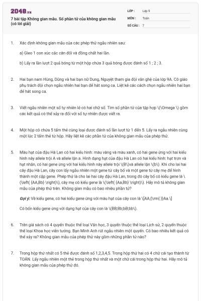 7 bài tập Không gian mẫu. Số phần tử của không gian mẫu (có lời giải)