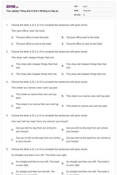 Trắc nghiệm Tiếng Anh 8 Unit 4 Writing có đáp án