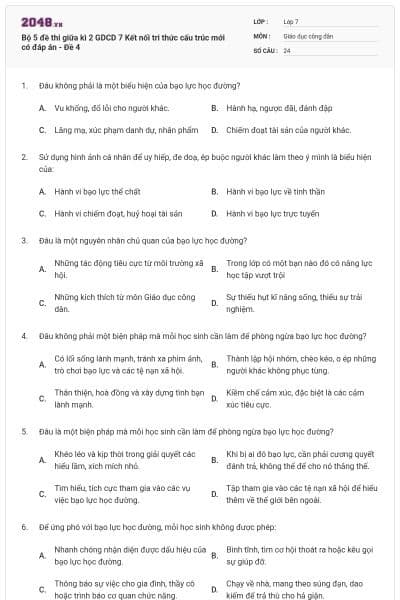 Bộ 5 đề thi giữa kì 2 GDCD 7 Kết nối tri thức cấu trúc mới có đáp án - Đề 4