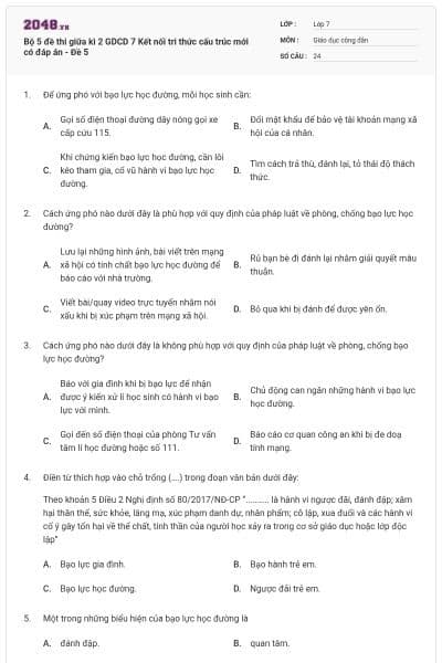 Bộ 5 đề thi giữa kì 2 GDCD 7 Kết nối tri thức cấu trúc mới có đáp án - Đề 5