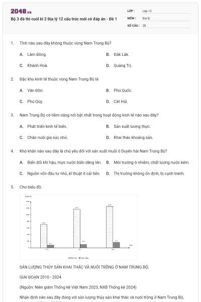 Bộ 3 đề thi cuối kì 2 Địa lý 12 cấu trúc mới có đáp án - Đề 1