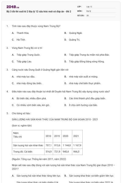 Bộ 3 đề thi cuối kì 2 Địa lý 12 cấu trúc mới có đáp án - Đề 2