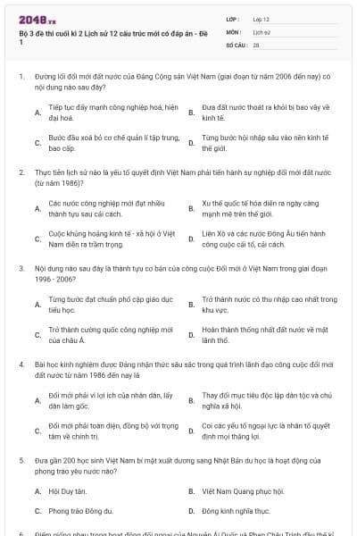 Bộ 3 đề thi cuối kì 2 Lịch sử 12 cấu trúc mới có đáp án - Đề 1
