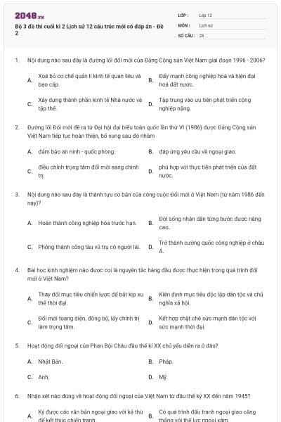 Bộ 3 đề thi cuối kì 2 Lịch sử 12 cấu trúc mới có đáp án - Đề 2