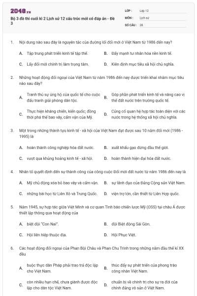 Bộ 3 đề thi cuối kì 2 Lịch sử 12 cấu trúc mới có đáp án - Đề 3