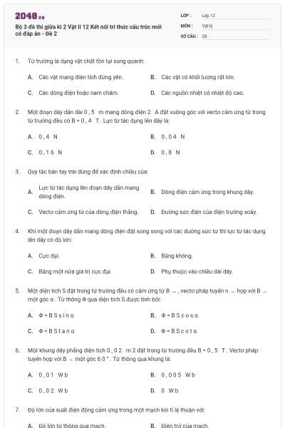 Bộ 3 đề thi giữa kì 2 Vật lí 12 Kết nối tri thức cấu trúc mới có đáp án - Đề 2