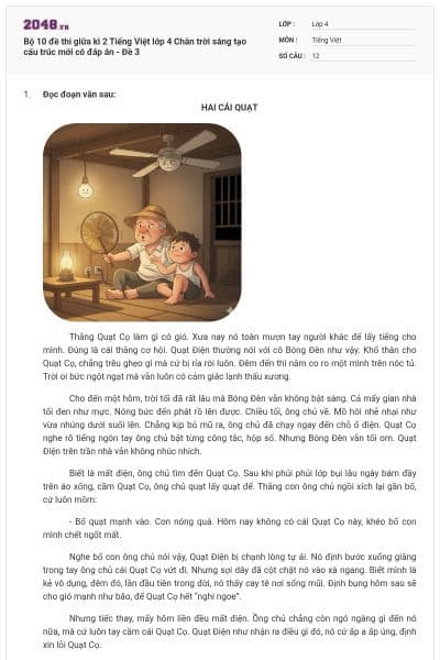 Bộ 10 đề thi giữa kì 2 Tiếng Việt lớp 4 Chân trời sáng tạo cấu trúc mới có đáp án - Đề 3