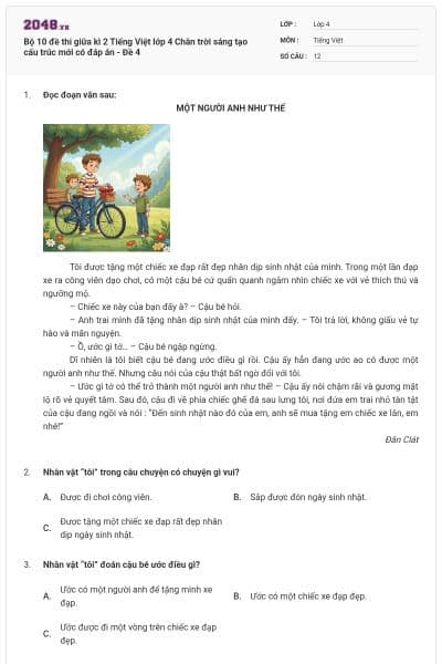 Bộ 10 đề thi giữa kì 2 Tiếng Việt lớp 4 Chân trời sáng tạo cấu trúc mới có đáp án - Đề 4