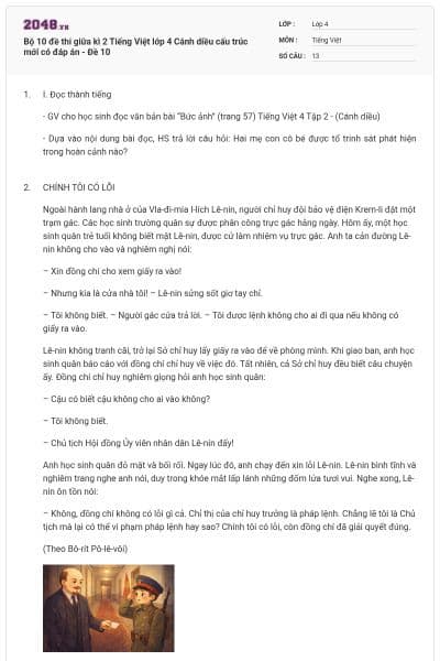 Bộ 10 đề thi giữa kì 2 Tiếng Việt lớp 4 Cánh diều cấu trúc mới có đáp án - Đề 10