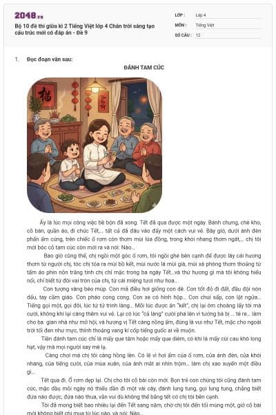 Bộ 10 đề thi giữa kì 2 Tiếng Việt lớp 4 Chân trời sáng tạo cấu trúc mới có đáp án - Đề 9