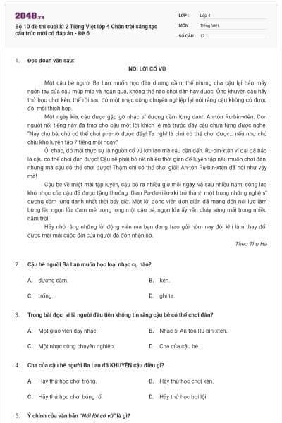Bộ 10 đề thi cuối kì 2 Tiếng Việt lớp 4 Chân trời sáng tạo cấu trúc mới có đáp án - Đề 6