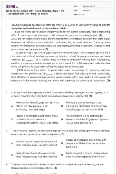 Đề thi thử Tốt nghiệp THPT Tiếng Anh 2025-2026 THPT Trần Nguyên Hãn (Hải Phòng) có đáp án