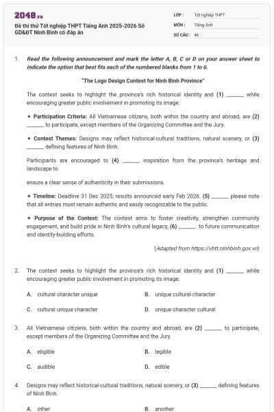 Đề thi thử Tốt nghiệp THPT Tiếng Anh 2025-2026 Sở GD&ĐT Ninh Bình có đáp án