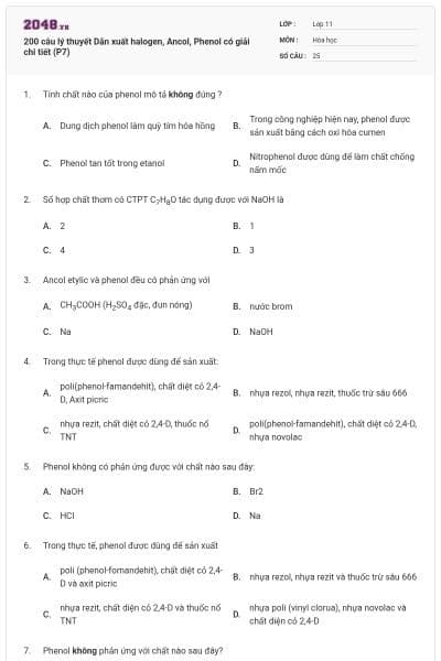 200 câu lý thuyết Dẫn xuất halogen, Ancol, Phenol có giải chi tiết (P7)
