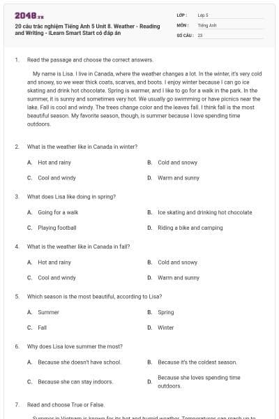 20 câu trắc nghiệm Tiếng Anh 5 Unit 8. Weather - Reading and Writing - iLearn Smart Start có đáp án