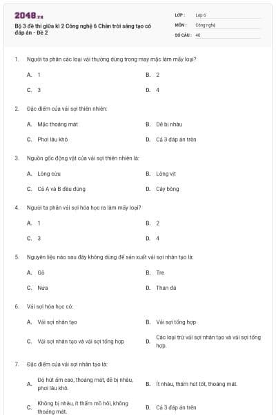 Bộ 3 đề thi giữa kì 2 Công nghệ 6 Chân trời sáng tạo có đáp án - Đề 2