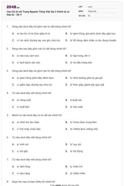 Câu hỏi ôn thi Trạng Nguyên Tiếng Việt lớp 3 Chính tả có đáp án - Đề 4