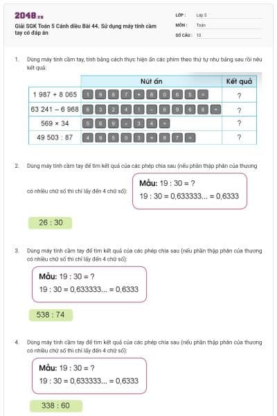 Giải SGK Toán 5 Cánh diều Bài 44. Sử dụng máy tính cầm tay có đáp án