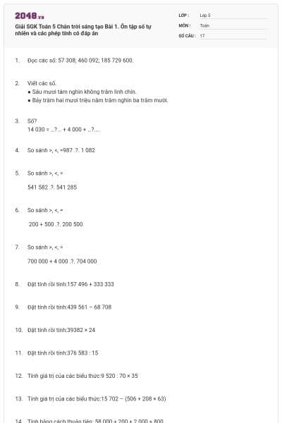 Giải SGK Toán 5 Chân trời sáng tạo Bài 1. Ôn tập số tự nhiên và các phép tính có đáp án