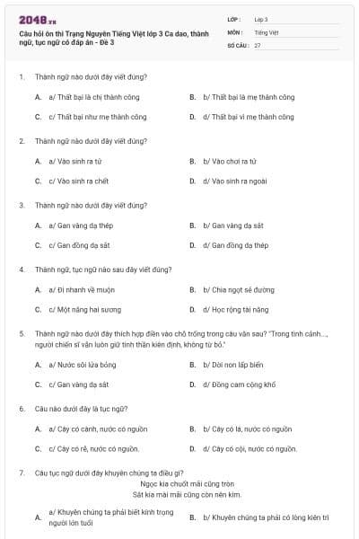 Câu hỏi ôn thi Trạng Nguyên Tiếng Việt lớp 3 Ca dao, thành ngữ, tục ngữ có đáp án - Đề 3