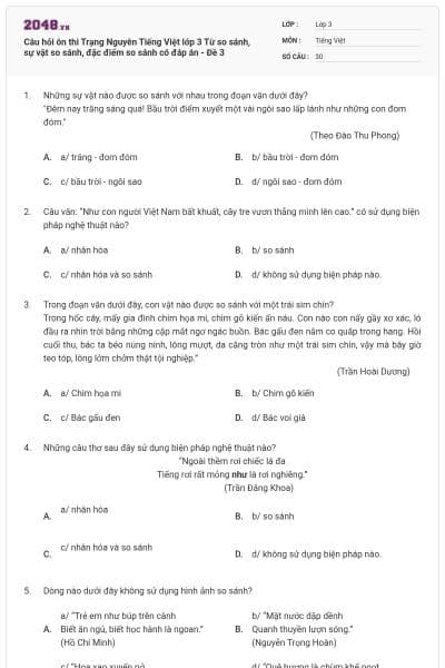 Câu hỏi ôn thi Trạng Nguyên Tiếng Việt lớp 3 Từ so sánh, sự vật so sánh, đặc điểm so sánh có đáp án - Đề 3