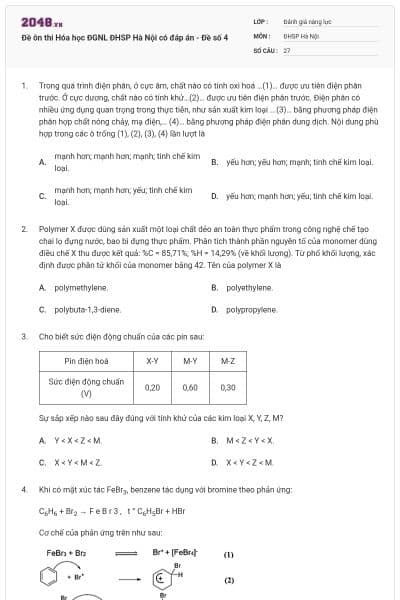 Đề ôn thi Hóa học ĐGNL ĐHSP Hà Nội có đáp án - Đề số 4