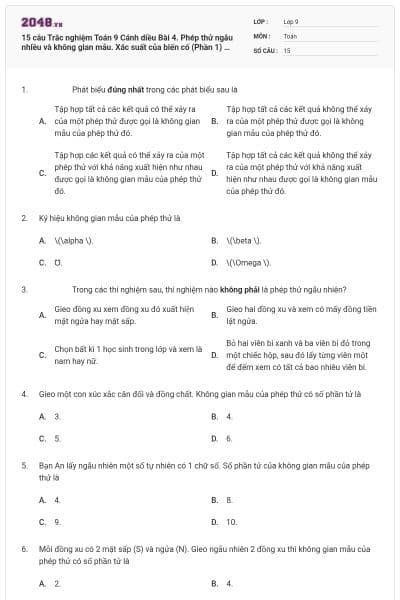 15 câu Trắc nghiệm Toán 9 Cánh diều Bài 4. Phép thử ngẫu nhiều và không gian mẫu. Xác suất của biến cố (Phần 1) có đáp án