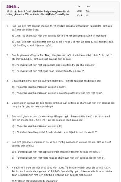 17 bài tập Toán 9 Cánh diều Bài 4. Phép thử ngẫu nhiều và không gian mẫu. Xác suất của biến cố (Phần 2) có đáp án