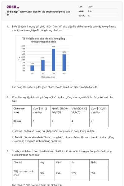 30 bài tập Toán 9 Cánh diều Ôn tập cuối chương 6 có đáp án