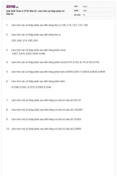 Giải SGK Toán 5 CTST Bài 22. Làm tròn số thập phân có đáp án