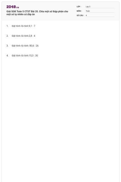 Giải SGK Toán 5 CTST Bài 35. Chia một số thập phân cho một số tự nhiên có đáp án