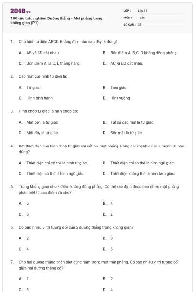 100 câu trắc nghiệm Đường thẳng - Mặt phẳng trong không gian (P1)