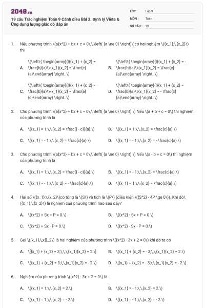 19 câu Trắc nghiệm Toán 9 Cánh diều Bài 3. Định lý Viète & Ứng dụng lượng giác có đáp án