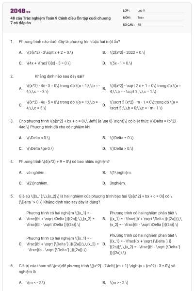 48 câu Trắc nghiệm Toán 9 Cánh diều Ôn tập cuối chương 7 có đáp án
