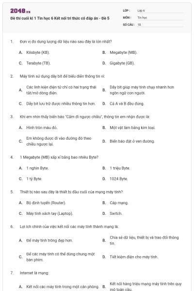 Đề thi cuối kì 1 Tin học 6 Kết nối tri thức có đáp án - Đề 5