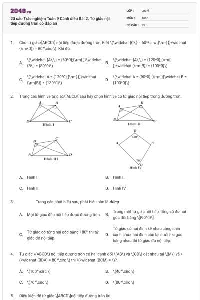 23 câu Trắc nghiệm Toán 9 Cánh diều Bài 2. Tứ giác nội tiếp đường tròn có đáp án