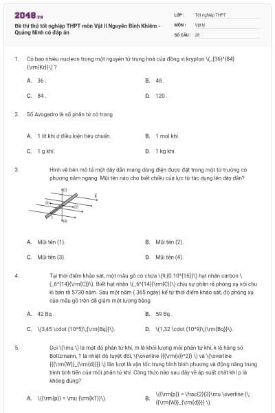 Đề thi thử tốt nghiệp THPT môn Vật lí Nguyễn Bỉnh Khiêm - Quảng Ninh có đáp án