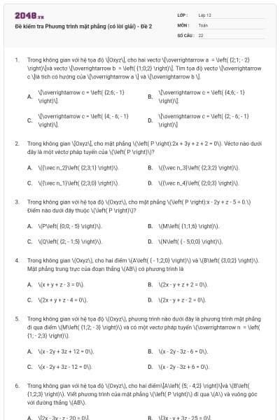 Đề kiểm tra Phương trình mặt phẳng (có lời giải) - Đề 2