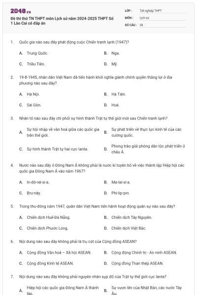 Đề thi thử TN THPT môn Lịch sử năm 2024-2025 THPT Số 1 Lào Cai có đáp án