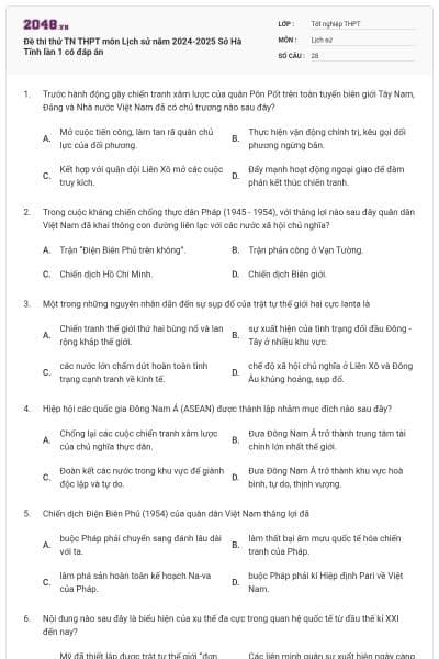 Đề thi thử TN THPT môn Lịch sử năm 2024-2025 Sở Hà Tĩnh lần 1 có đáp án