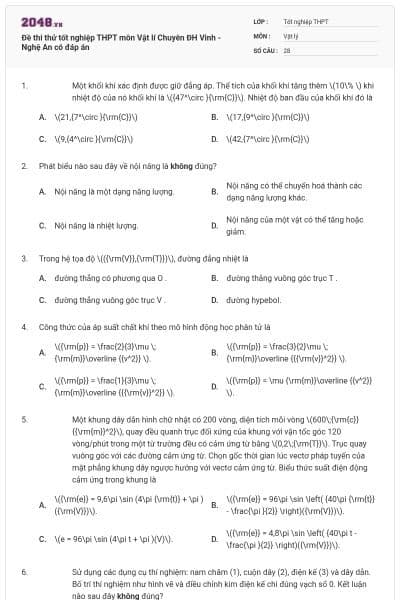 Đề thi thử tốt nghiệp THPT môn Vật lí Chuyên ĐH Vinh - Nghệ An có đáp án