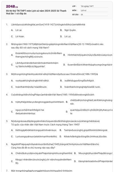 Đề thi thử TN THPT môn Lịch sử năm 2024-2025 Sở Thanh Hoá lần 1 có đáp án