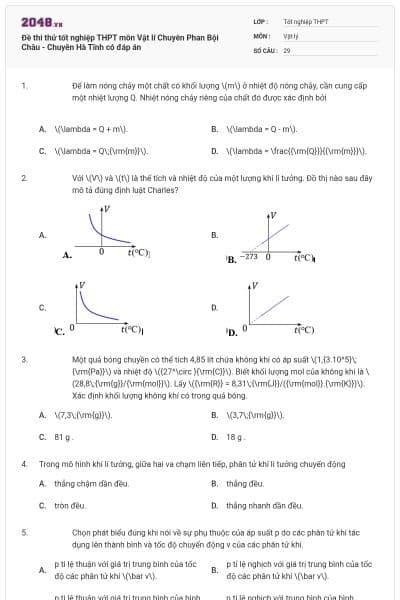 Đề thi thử tốt nghiệp THPT môn Vật lí Chuyên Phan Bội Châu - Chuyên Hà Tĩnh có đáp án
