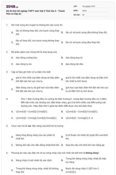 Đề thi thử tốt nghiệp THPT môn Vật lí Tĩnh Gia 4 - Thanh Hóa có đáp án
