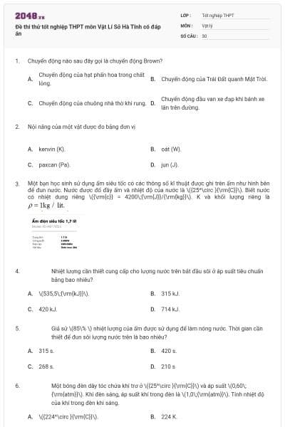 Đề thi thử tốt nghiệp THPT môn Vật Lí Sở Hà Tĩnh có đáp án