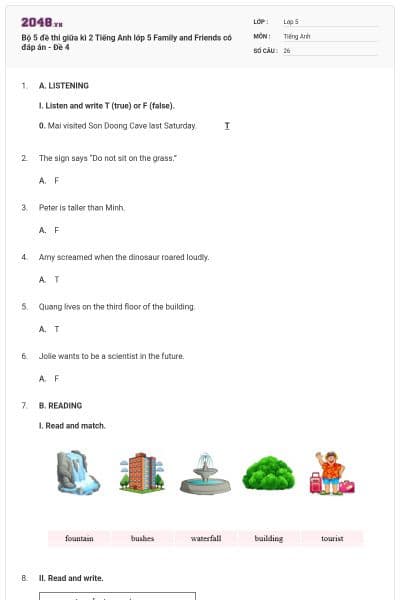 Bộ 5 đề thi giữa kì 2 Tiếng Anh lớp 5 Family and Friends có đáp án - Đề 4