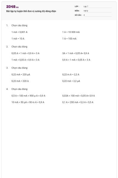 Bài tập tự luyện Đổi đơn vị cường độ dòng điện